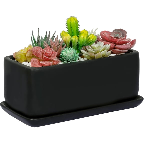 MyGift Modern Matte Black Ceramic Rectangular Planter with Drainage Tray 10Inch Window Box for Succulents, Herbs & Flowers
