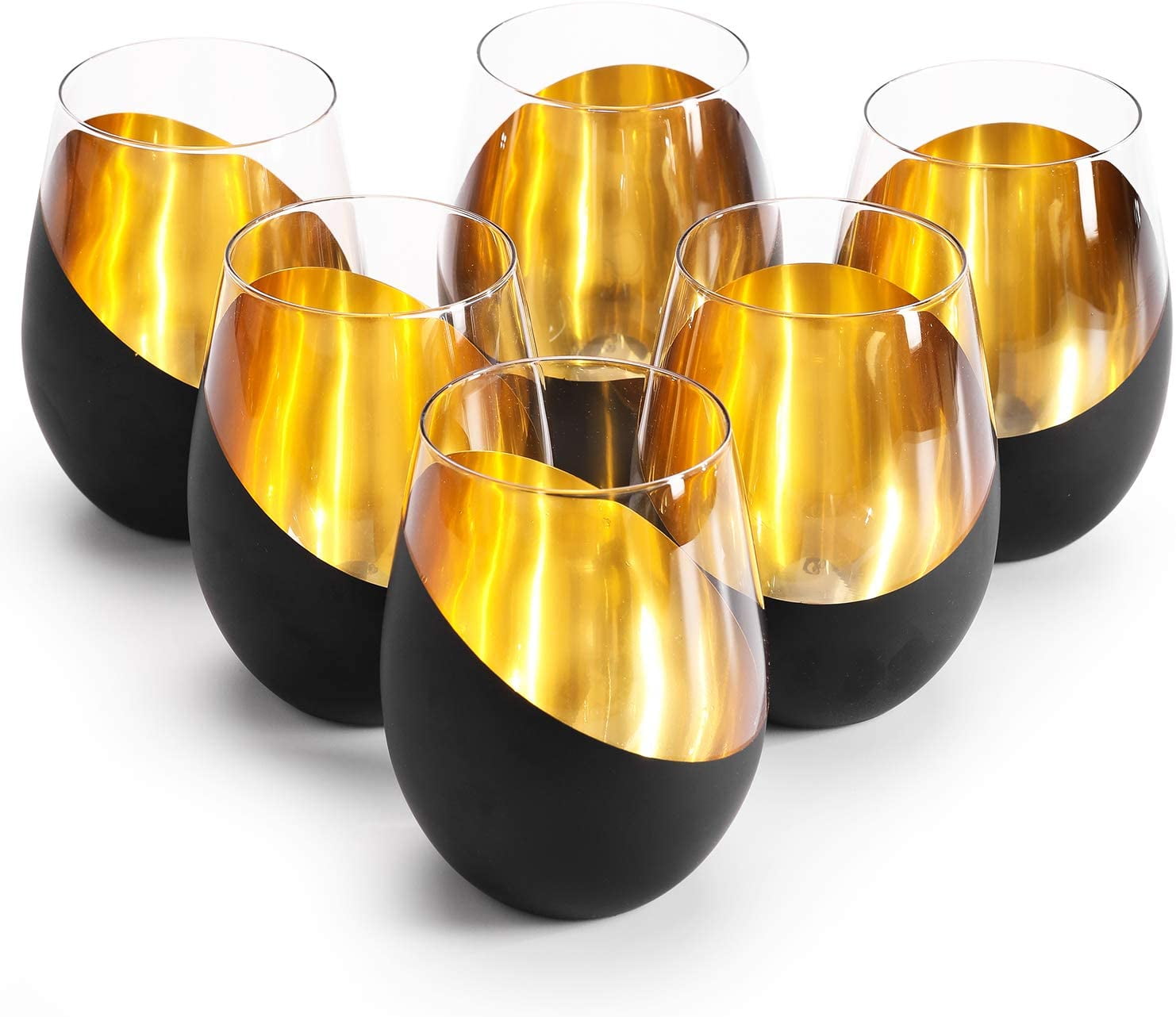 MyGift Modern Matte Black and Gold Tilted Design Stemless Wine Glasses Tumblers, Set of 6