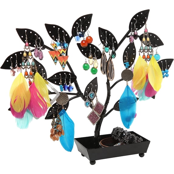 MyGift Modern Metal Earring Holder with Ring Tray, Black