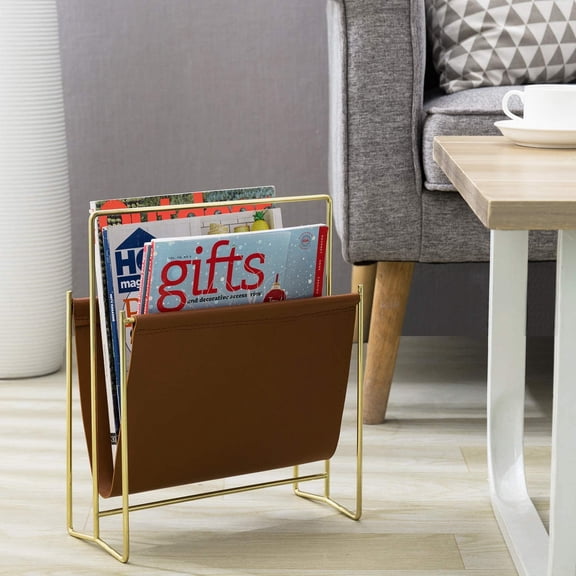 MyGift Modern Metal Wire Freestanding Magazine Organizer with Caramel Leatherette Sling, Brass