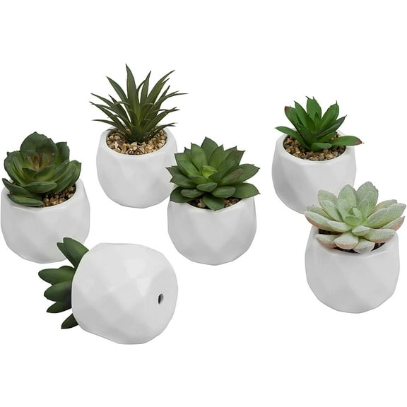 MyGift Modern Mini White Geometric Ceramic Pots with Artificial Succulents, 6 Piece