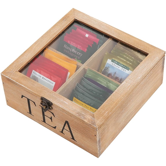 MyGift Natural Wood 4 Compartment Tea Bag Storage Chest box with Clear Lid and Latch