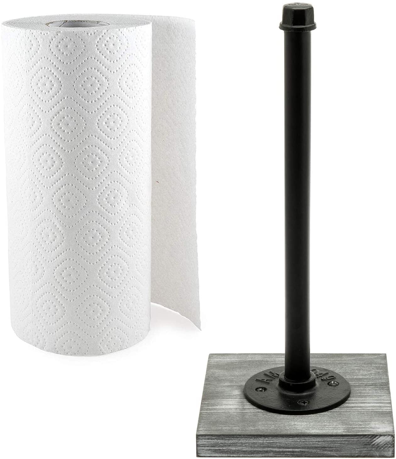 MyGift Paper Towel Roll Holder with Rustic Gray Wood Base and Industrial Pipe Design