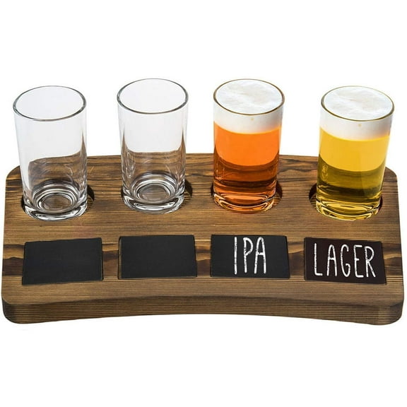 MyGift Rectangular Wood Beer Flight Sampler Serving Tray with 4 Glasses, Dark Brown