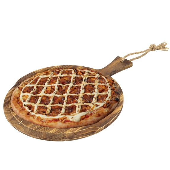 MyGift Round Brown Burnt Wood 12 Inch Pizza Peel Board Serving Tray with Handle & Hanging Rope