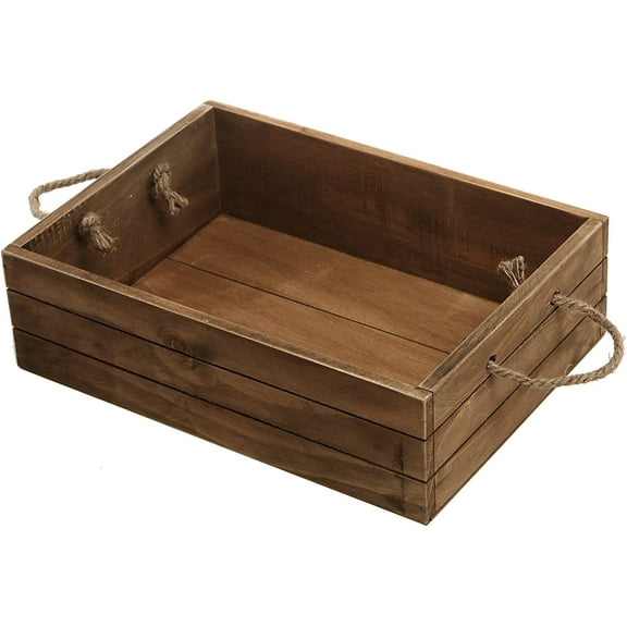 MyGift Rustic Brown Wood Storage Crate with Rope Handles