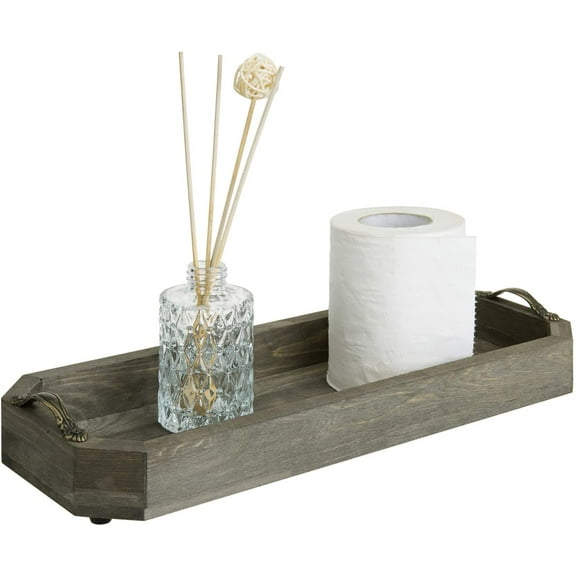 MyGift Rustic Burnt Gray Solid Wood Rectangular Serving Tray with Handles
