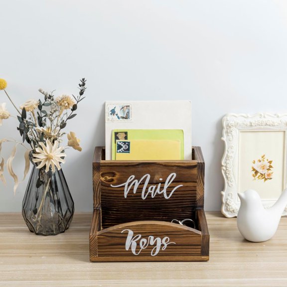MyGift Rustic Burnt Wood Mail & Key Organizer 2in1 Entryway Tray with White Script Labels for Home & Office Storage
