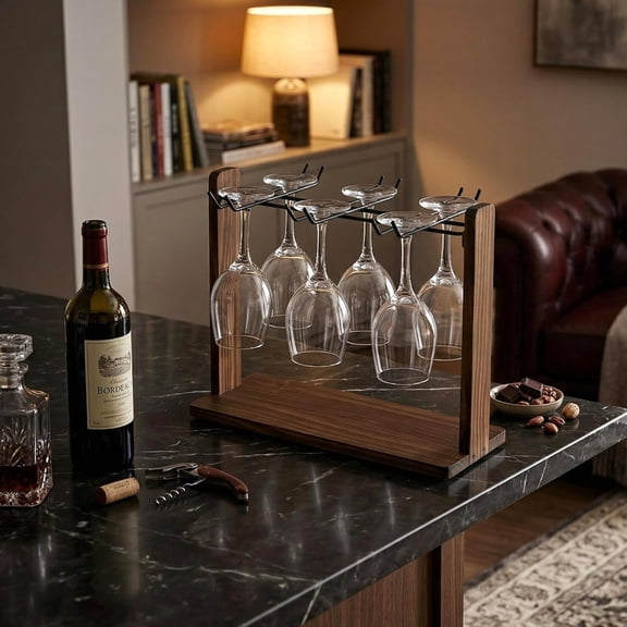 MyGift Rustic Burnt Wood and Black Metal Wine Glass Drying Rack, Freestanding Stemware Storage for Kitchen Counters and Bars