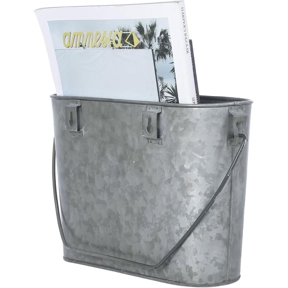 MyGift Rustic Galvanized Metal Magazine Rack with Handle, Farmhouse Wall-Mounted Bucket for Bathroom & Entryway Storage