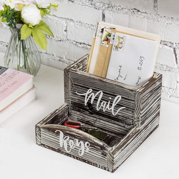 MyGift Rustic Mail Organizer, Key Storage Tray, Torched Wood Entryway Storage Tray with Cursive Mail and Keys Word Design