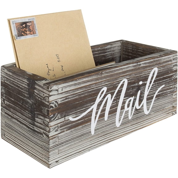 MyGift Rustic Torched Wood Tabletop Mail Holder, Brown Wood Desktop Letters, Bills, Notes and Postcard Bin for Home Office Dorm Room