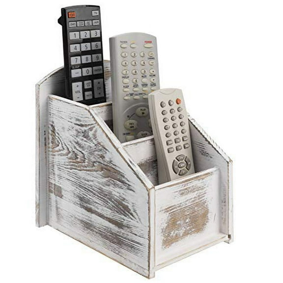 MyGift Rustic Whitewashed Wood 3-Slot Remote Control Organizer