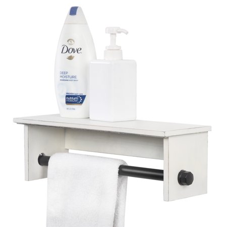 MyGift Rustic Whitewashed Wood and Metal Pipe Towel Rack with Top Shelf