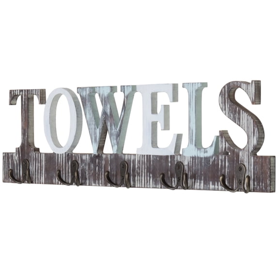 MyGift Rustic Multicolored  Wood Wall Mounted Towel Rack with Cutout Letters, Bath Towel Holder with 5 Dual Hooks