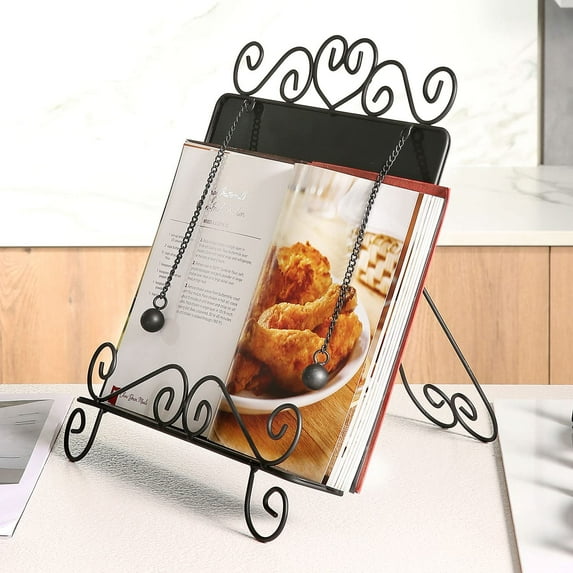 MyGift Scrollwork Design Black Metal Cookbook, Tablet Holder Stand with Weighted Chains