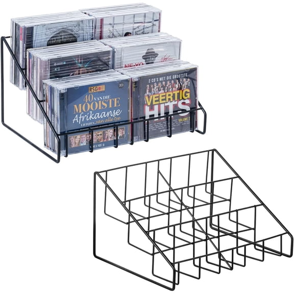 MyGift Set of 2 CD Rack Towers 3 Tier Matte Black Metal Wire DVD Organizer Holds 72 Jewel Cases Tabletop Media Storage Stand for Home Office Desk Shelf Display