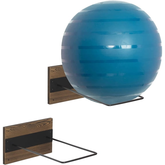 MyGift Set of 2 Wall Mounted Large Stability Ball Holders, Burnt Solid Wood and Black Metal Storage Racks for Gym Sport or Yoga Studio Exercise Balls - 16 x 9 Inch Ball Display Ring