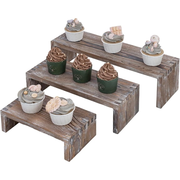 MyGift Set of 3 Rustic Wood Display Risers 3 Tier Tabletop Stands for Desserts Figurines Collectibles Decorative Shelves for Home Retail Wedding Party Display