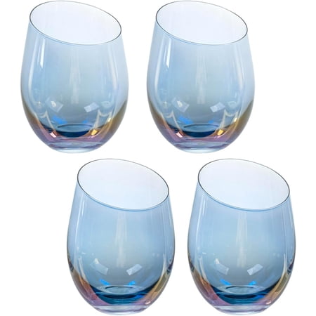 MyGift Set of 4 Iridescent Blue Stemless Wine Glasses 14 oz Modern Angled Rim Cocktail Drinking Cups Rainbow Tint Glassware for Home Bar Dining Entertaining