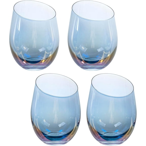 MyGift Set of 4 Iridescent Blue Stemless Wine Glasses 14 oz Modern Angled Rim Cocktail Drinking Cups Rainbow Tint Glassware for Home Bar Dining Entertaining