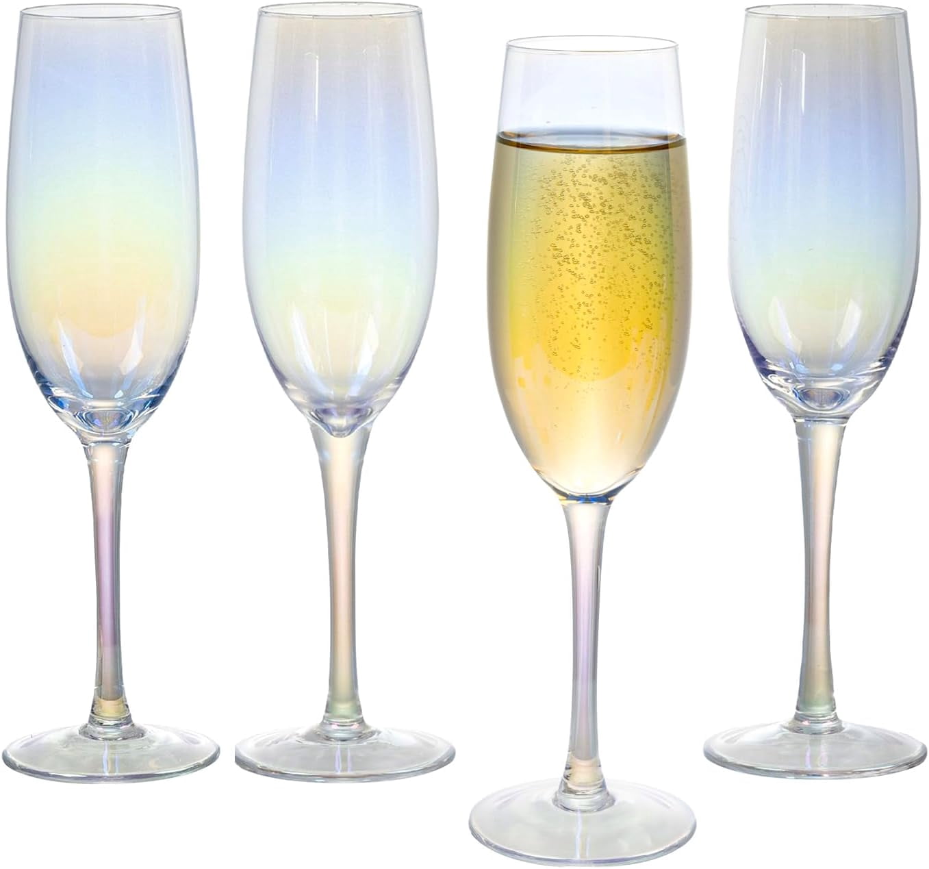 MyGift Set of 4 Iridescent Champagne Flute Glasses 7 oz Stemmed Rainbow Tone Toasting Glasses with Angled Rim Elegant Drinkware for Weddings Parties Celebrations Home Bar