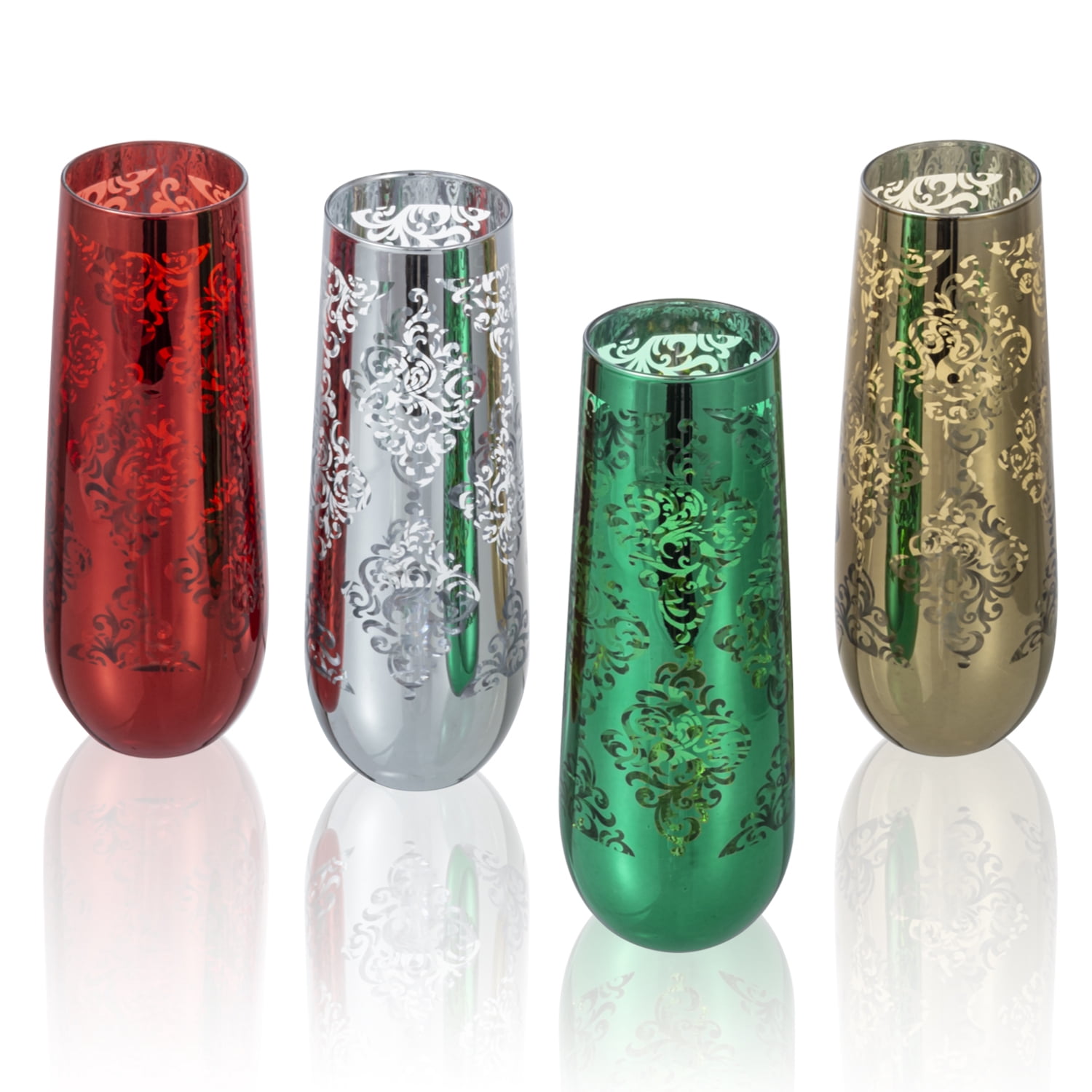 MyGift Set of 4 Modern Christmas Champagne Flutes 9 oz Stemless Sparkling Wine Glasses with Baroque Pattern Multicolored Holiday Drinkware for Parties Home Entertaining