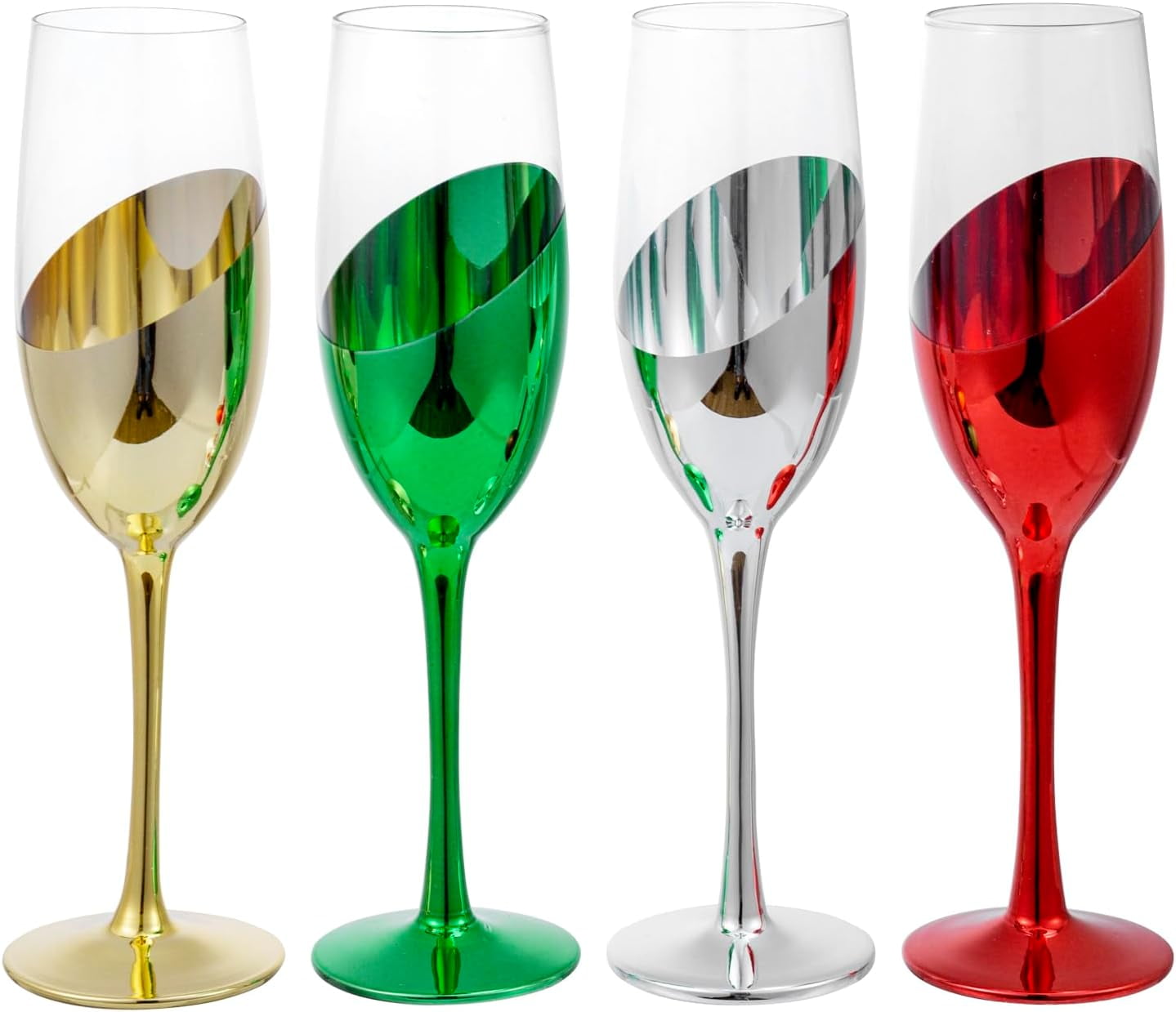 MyGift Set of 4 Multicolor Stemmed Champagne Flutes 6 oz Slanted Design Gold Silver Red Green Toasting Glasses for Holiday Parties Weddings Home Entertaining
