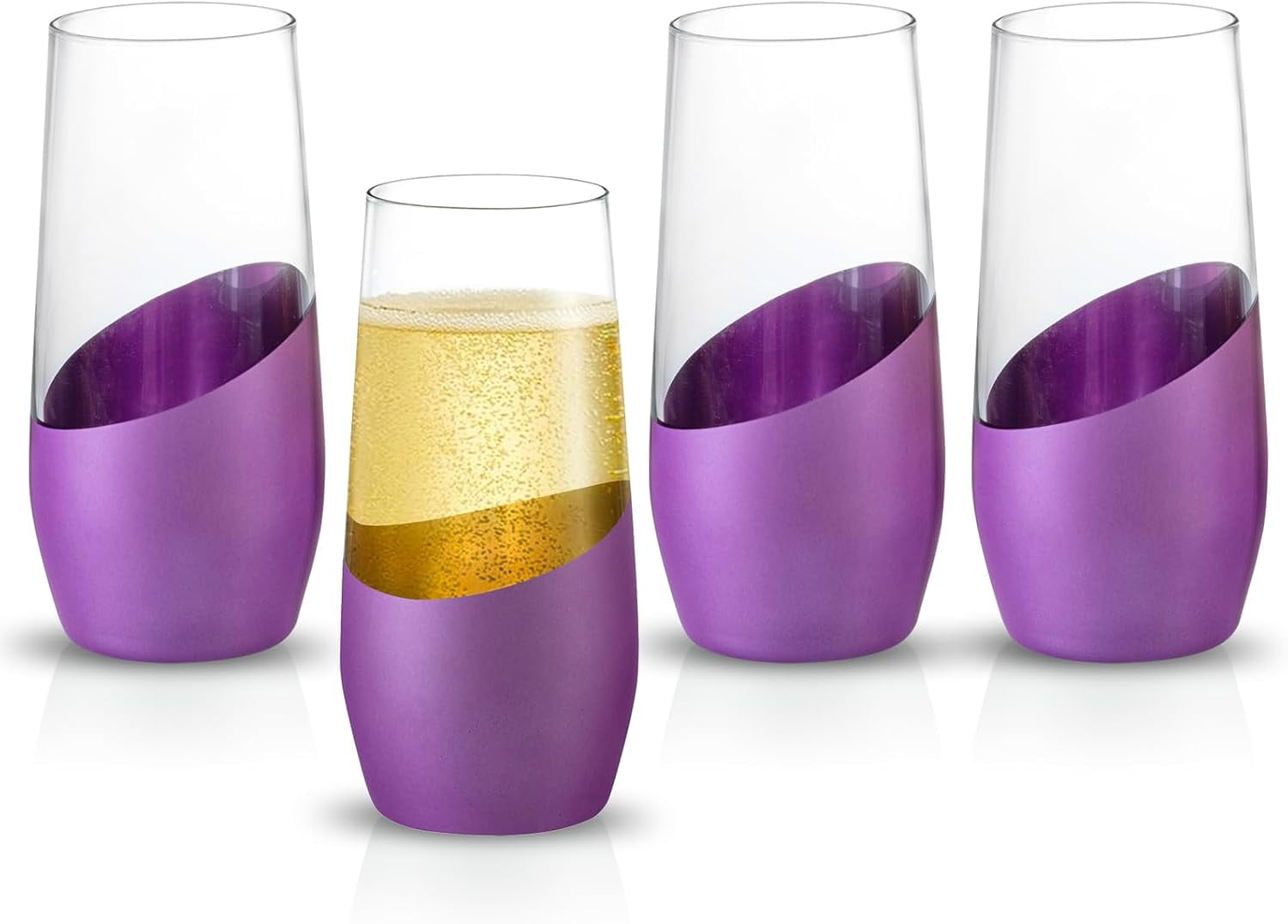 MyGift Set of 4 Purple and Gold Stemless Champagne Flutes 11 oz Modern Sparkling Wine Glasses Elegant Toasting Drinkware for Weddings Parties Home Bar Celebrations