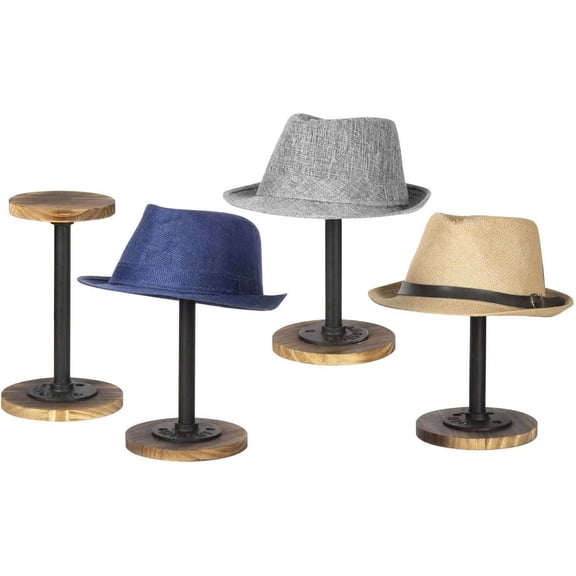 MyGift Set of 4 Rustic Hat Display Stands Burnt Wood and Black Metal Pipe Tabletop Rack for Cowboy Hats Caps Wigs Jewelry Organizer for Home Retail Display Dcor
