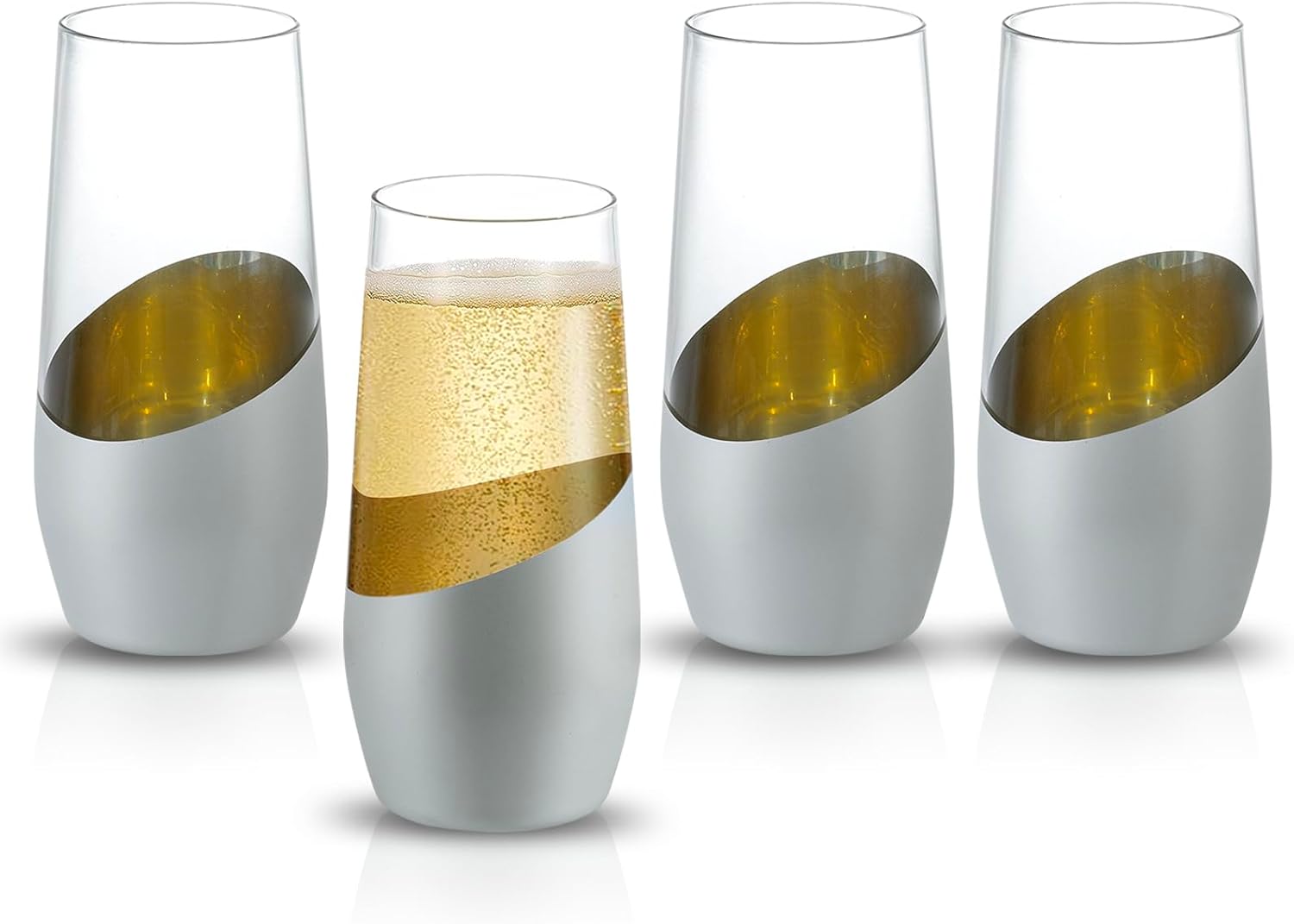 MyGift Set of 4 Stemless Champagne Flutes 11 oz Clear Glass Modern Toasting Glasses for Weddings Parties Home Bar Sparkling Wine Mimosa Drinkware Elegant Entertaining