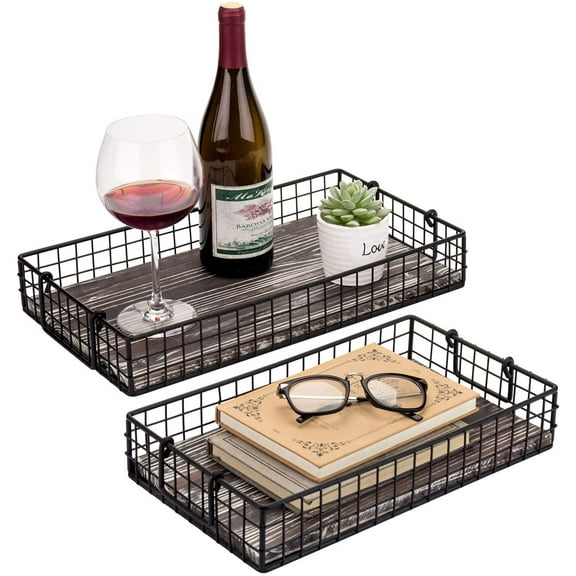 MyGift Set-of-2 Black Metal Wire Serving Trays Baskets with Torched Wood Base and Handles