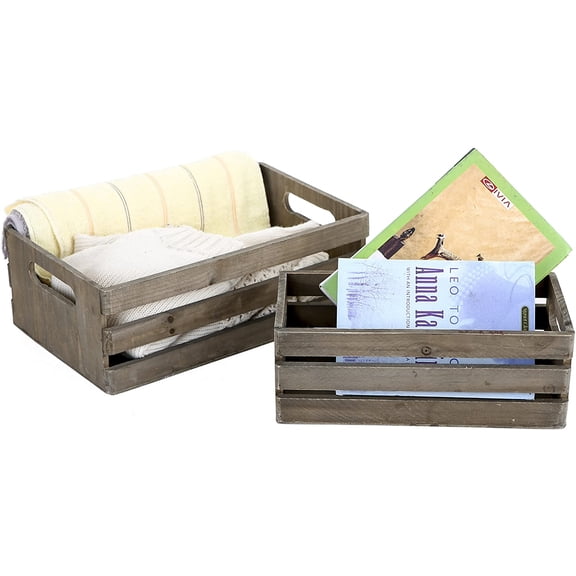 MyGift Set of 2 Distressed Solid Gray Wood Nesting Boxes with Handles, Country Style