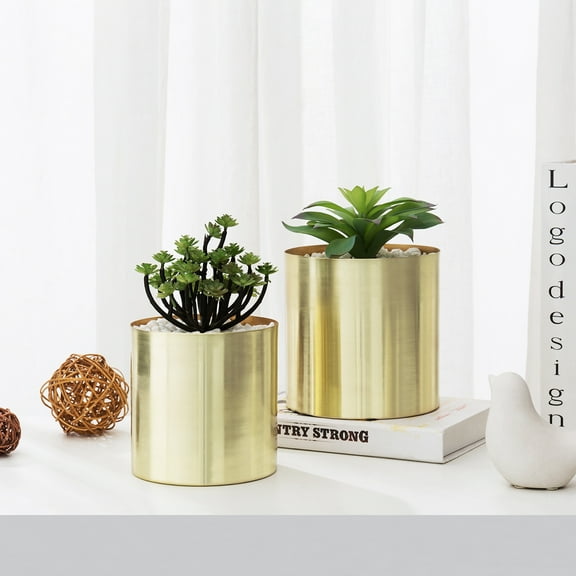 MyGift Set-of-2 Modern Cylindrical Brushed Brass Plated Pots