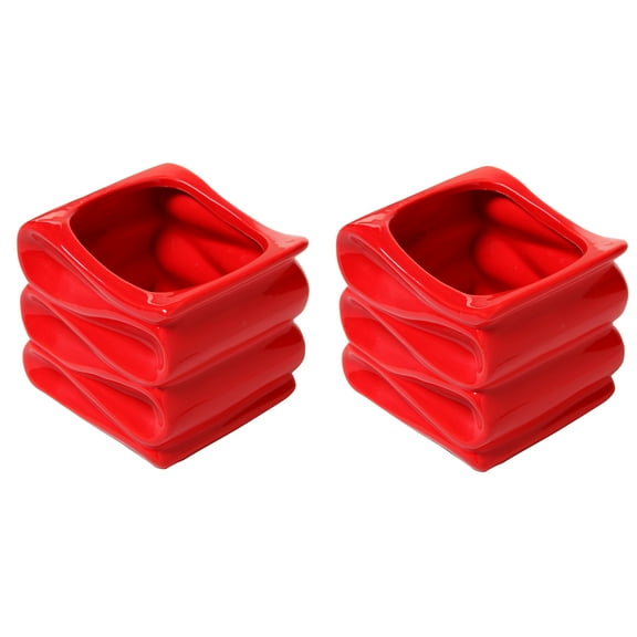 MyGift Set-of-2 Modern Decorative 4-Inch Red Ceramic Indoor Small Plant Pot with Candy Ribbon Design,
