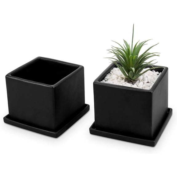 MyGift Set of 2 Square Matte Black Ceramic Planter Pots with Saucers