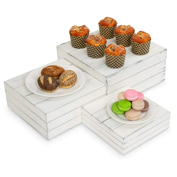 MyGift Set of 3 Vintage Distressed White Wood Nesting Display Riser Stands