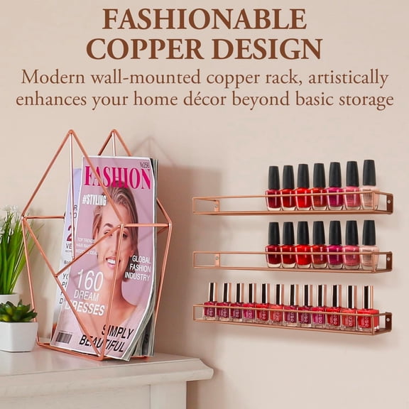 MyGift Set of 3 Wall Mounted Copper Metal Display Shelves with Railings, Modern Storage Racks for Essential Oils, Makeup, Plants & Decor