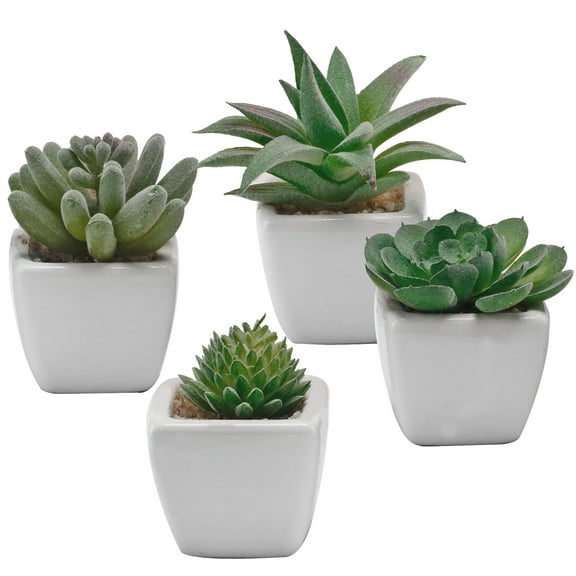 MyGift Set of 4 Artificial Succulent Plants in Square White Ceramic Pots