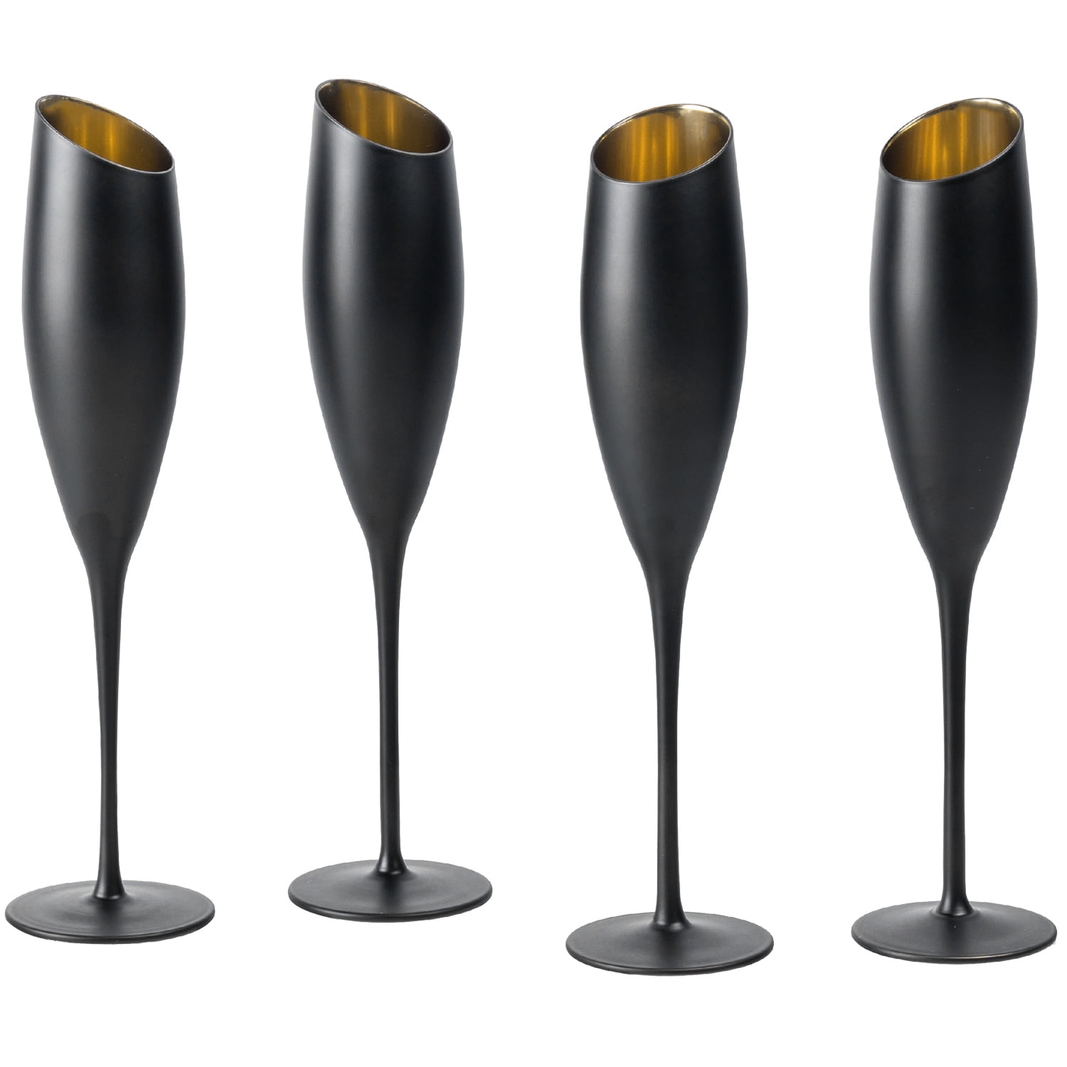 MyGift Set of 4 Matte Black and Gold Angled Rim Stemmed Glass Champagne Flutes