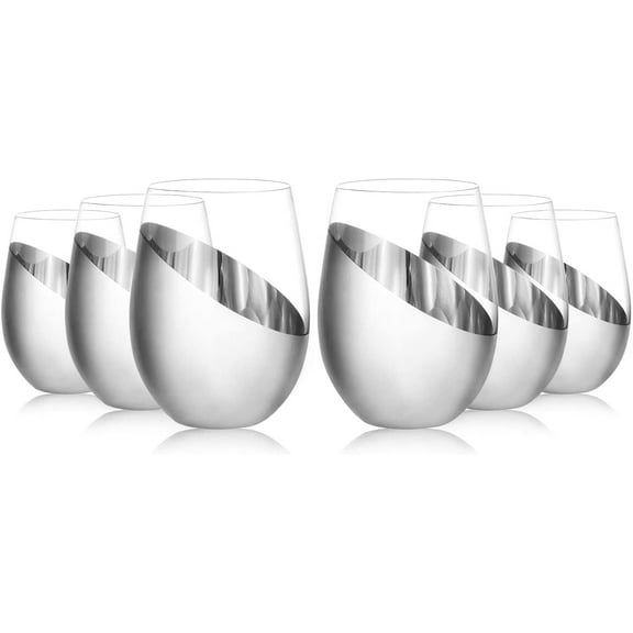 MyGift Set of 6 Modern Tilted Silver Tone Metallic Stemless Wine Glasses
