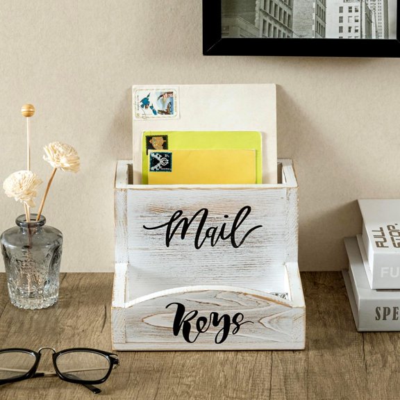 MyGift Shabby Whitewashed Wood Mail & Key Organizer Farmhouse Entryway Tray with Cursive Labels for Home & Office Storage