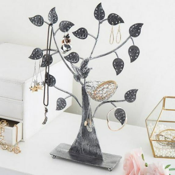 MyGift Silver Metal 48-pair Earring Holder, Jewelry Tree with Bird Nest