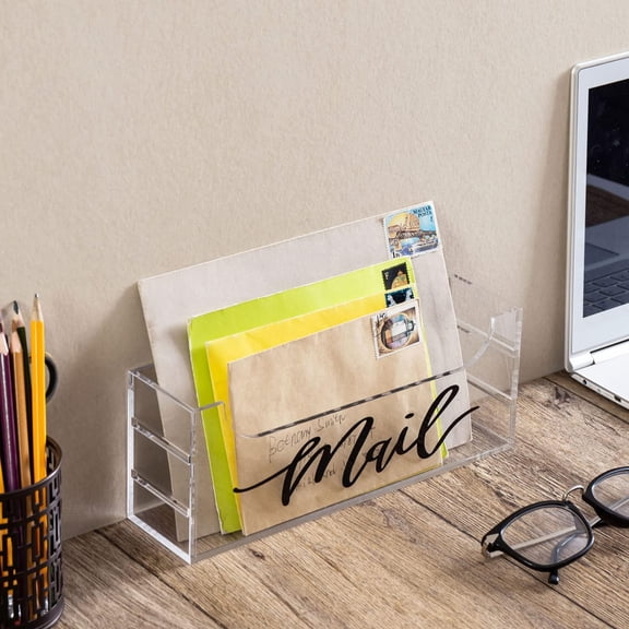 MyGift Smoky Gray Acrylic Mail Holder Modern Wall Mounted or Freestanding Mailbox with White Script Label for Home & Office