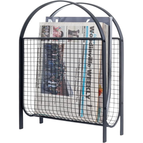 MyGift Mid-Century Design Magazine Rack, Matte Black Tone Metal Mesh Freestanding Magazine Organizer Holder Sling