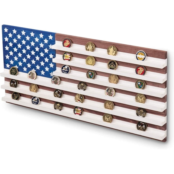 MyGift Solid Wood Military Challenge Coin Display Case Wall Mounted American Flag Holder Rack with 6 Rows for Medals Coins Collectibles Home Office Decor