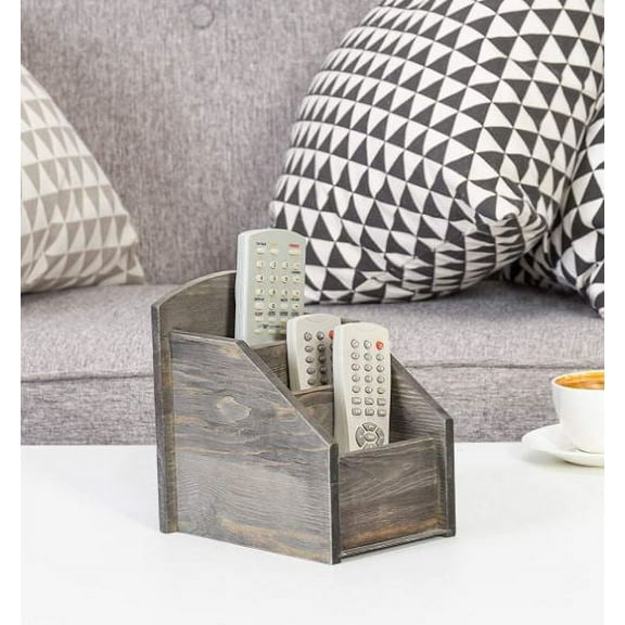 MyGift Tabletop Rustic Dark Gray Wood 3-Slot Remote Control Storage Caddy