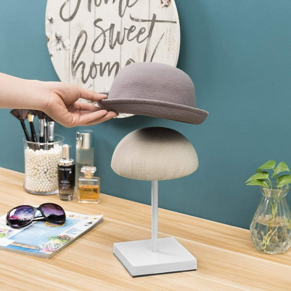 MyGift Tabletop White Metal Hat Stand with Fabric Covered Dome, Adjustable Height Wig Display Holder Rack