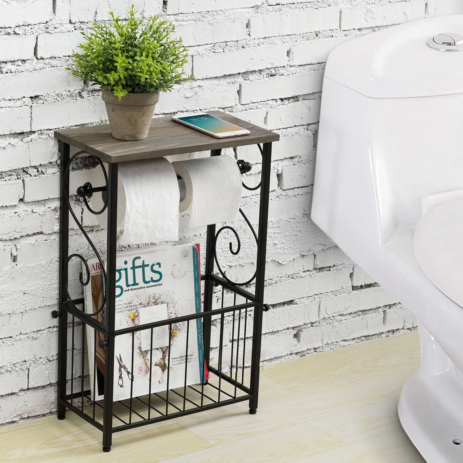 MyGift Toilet Paper Roll Holder Stand and Magazine Organizer Rack with Gray Solid Wood Display Shelf, Freestanding Bathroom Storage, Scrollwork Black Metal