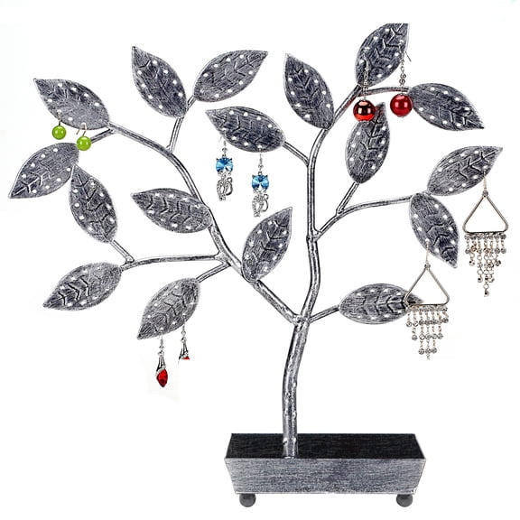 MyGift Tree Design Jewelry Hanger, Earring Necklace Holder with Ring Dish Tray, Silver